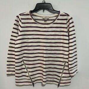 Loft 3/4 Sleeve Sweatshirt Cream with Maroonish Stripes  2 Zippers on the Front